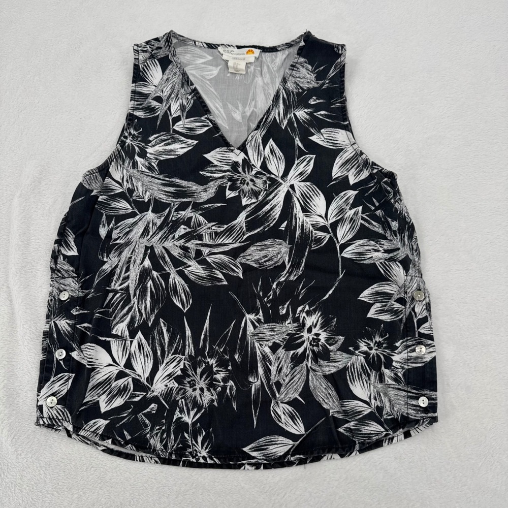 C&C California Womens Tank Top Size Medium Black & White Floral Lyocell V-Neck
